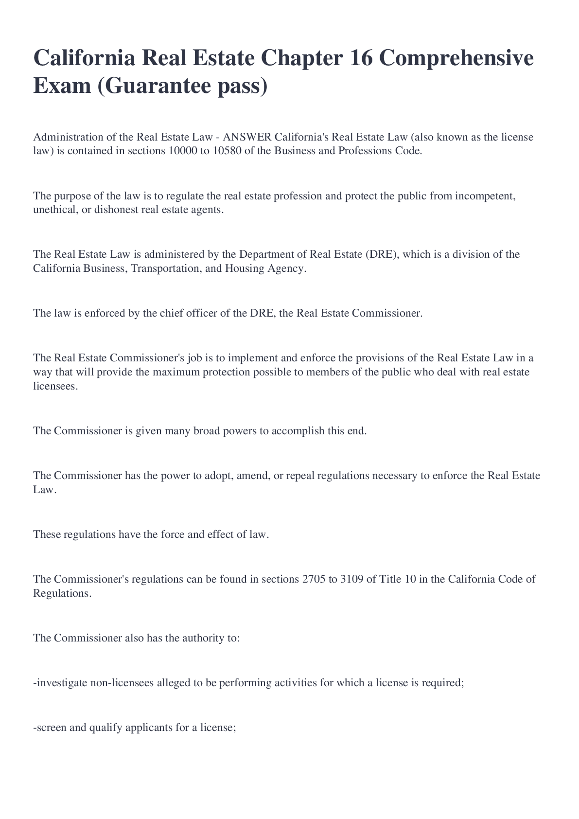 California Real Estate Chapter 16 Comprehensive Exam (Guarantee pass